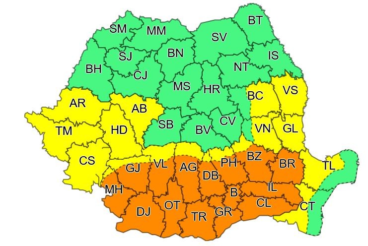 Zonele aflate miercuri, 27 iulie, sub cod portocaliu și cod galben de caniculă