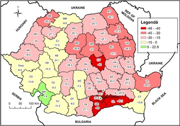 Figura 1. Diferența procentuală dintre numărul elevilor înscriși în ciclul gimnazial și cel liceal în 2015