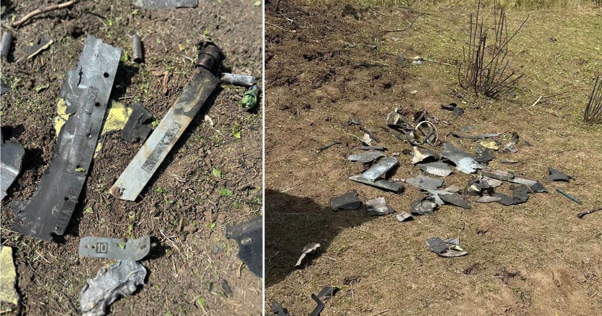 două cadre alăturate care înfățișează resturi de natură mecanică împrăștiate pe un teren neamenajat. În fotografia din stânga, realizată de aproape pe un sol presărat cu fire răzlețe de vegetație, se disting mai multe fragmente metalice, printre care o bandă plată prevăzută cu perforații și nituri, o componentă alungită asemănătoare unei pale atașate la un capăt de un ax cilindric, dar și alte bucăți neregulate și contorsionate de tablă, pe una dintre ele fiind vizibilă o mică plăcuță cu numărul zece. Fotografia din dreapta surprinde de la o distanță puțin mai mare o zonă cu pământ și vegetație măruntă, unde este împrăștiată o grămadă de așchii și fragmente metalice sfâșiate și deformate, în imediata apropiere a acestora ridicându-se din sol câteva tulpini subțiri și golașe ale unor plante.