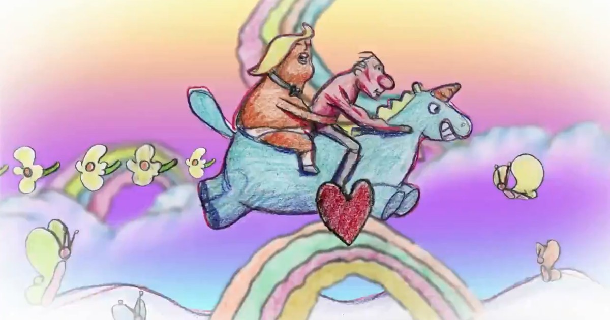 caricatură cu Trump și Putin prezentați ca homosexuali