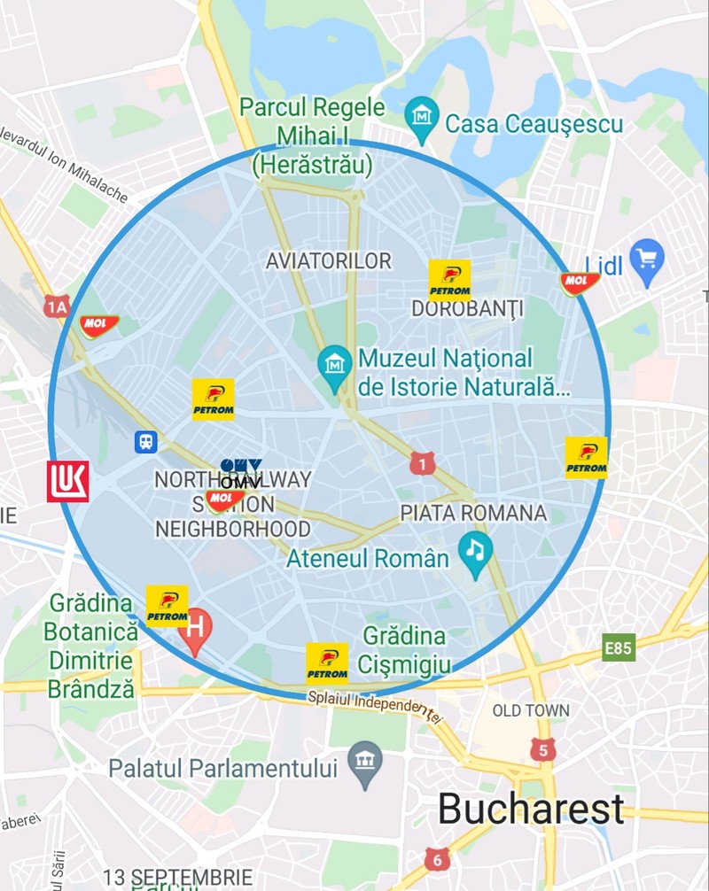 Exemplu de afișare pe hartă a celor mai apropiate benzinării. Cu un click pe fiecare stație de carburant disponibilă, apare prețul benzinei sau al motorinei, în funcție de categoria aleasă