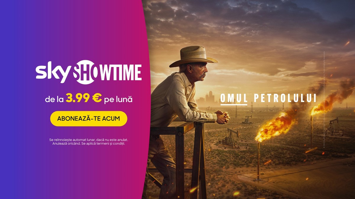 Vizual skyshowtime omul petrolului. Pe stanga este logoul skyshowtime pe fundal magenta cu mov, iar pe drepata este o imagine cu personajul principal.