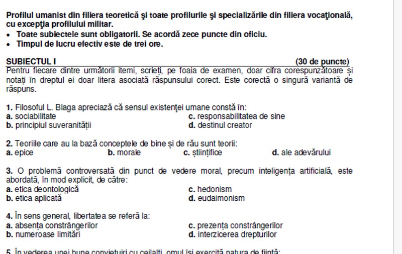Subiecte Filosofie la Bac 2026. Baremul de corectare a fost publicat