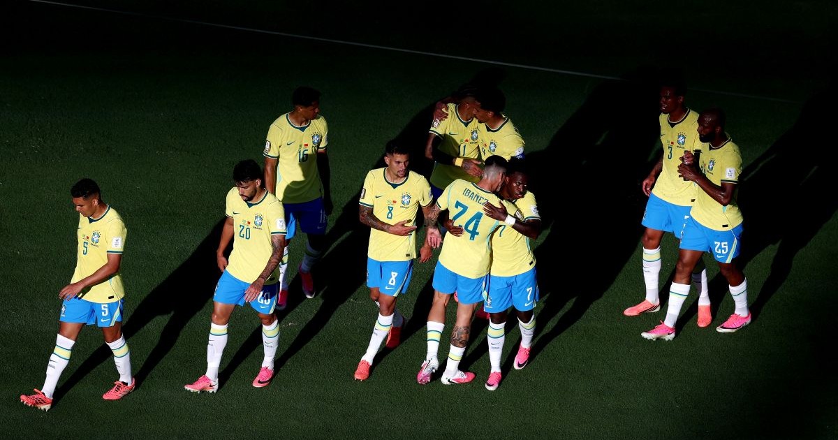 EAST RUTHERFORD, NEW JERSEY - JUNE 13: Vinicius Junior #7 of Brazil celebrates with teammates after scoring the team's first goal during the FIFA World Cup 2026 Group C match between Brazil and Morocco at New York New Jersey Stadium on June 13, 2026 in East Rutherford, New Jersey. (Photo by Al Bello/Getty Images)