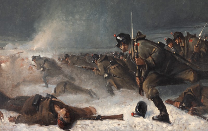 O replică a picturii „Atacul de la Smârdan” de Nicolae Grigorescu, vândută la licitație. A fost reprodusă de Emilian Lăzărescu