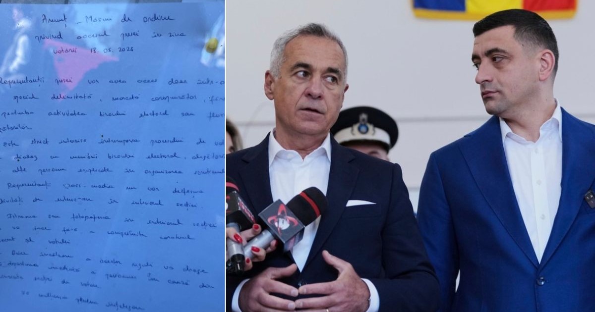 Colaj cu afișul despre regulile din secția de votare referitoare la declarațiile publice in stanga, în dreapta Călin Georgescu și George Simion în timul votului , in spatele lor un polițist si alte persoane