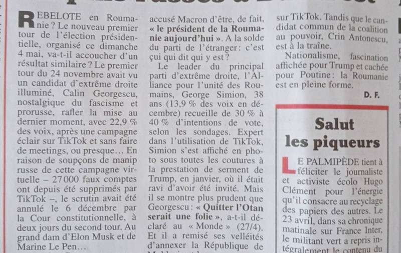 "Iepuri ruși la București", titlul dat de "Le canard enchaine" înainte de alegerile prezidențiale din 4 mai 2025