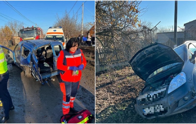Accident grav în Giurgiu. O mașină s-a făcut zob, iar trei oameni au fost răniți. A intervenit și elicopterul SMURD