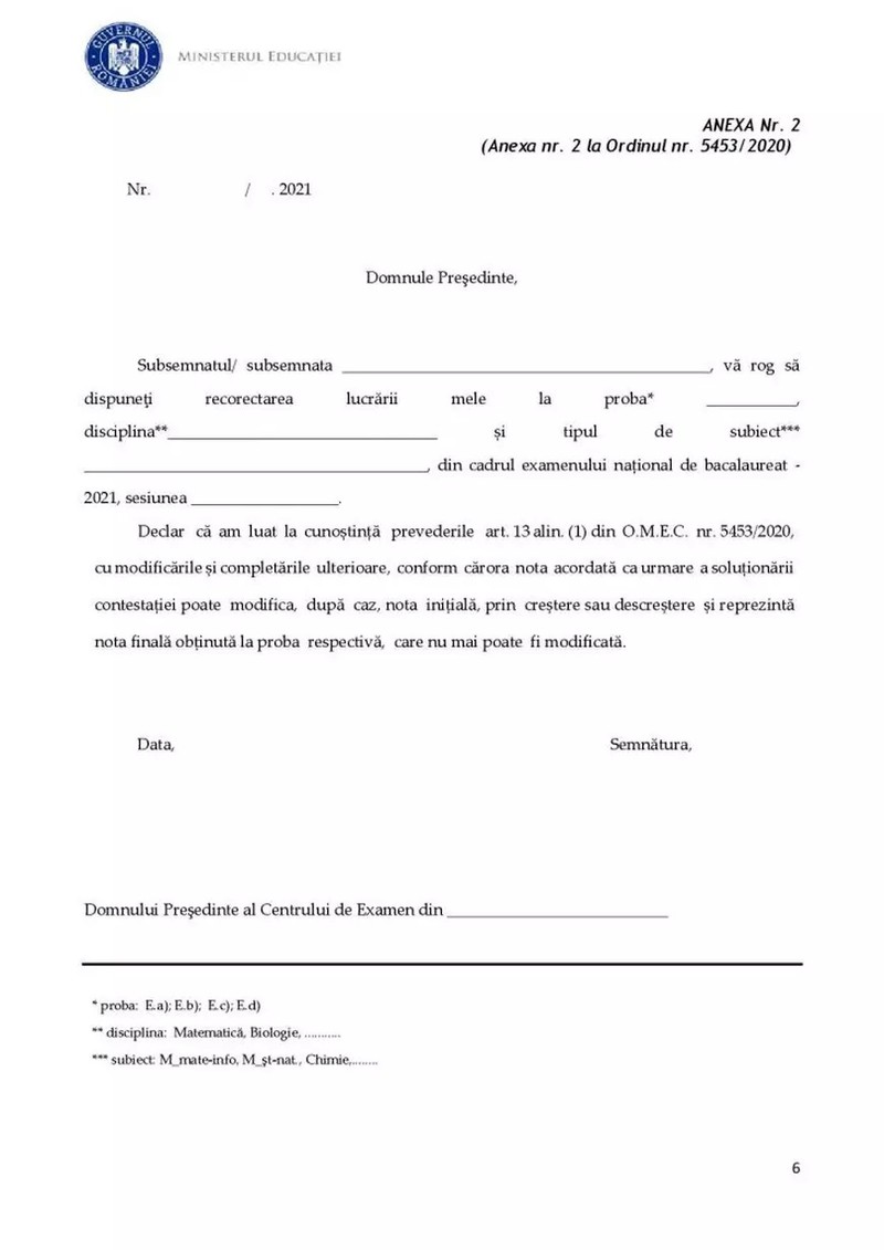 Model cerere de contestație pentru Bac 2022