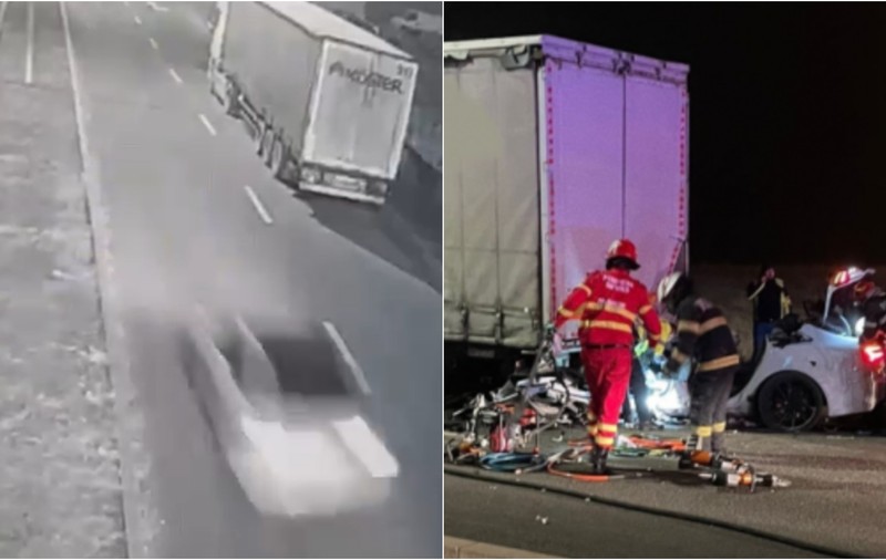 Imagini cu accidentul mortal din Sibiu, unde doi tineri și-au pierdut viața după ce mașina în care se aflau a intrat sub un TIR