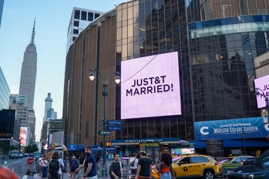 A "Just Married" sign is displayed on Madison Square Garden during a wedding between singer Taylor Swift and National Football League player Travis Kelce on Friday, July 3, 2026, in New York.,Image: 1114240111, License: Rights-managed, Restrictions: This content is intended for editorial use only. For other uses, additional clearances may be required., Model Release: no , Pictured: Taylor Swift,Travis Kelce