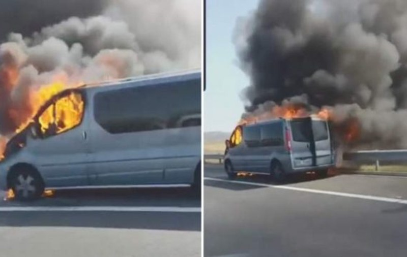 VIDEO | Un microbuz a luat foc pe autostrada A1