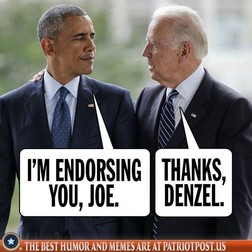 Fostul președinte american Barack Obama din perioada 2009-2017 este prezentat într-un meme drept susținător al fostului său vicepreședinte, Joe Biden, care însă nu îl mai recunoaște și-l confundă cu Denzel Washington. Meme-ul ironizează numeroasele confuzii făcute de candidatul democrat în vârstă de aproape 78 de ani, pe care îi va împlini pe 20 noiembrie