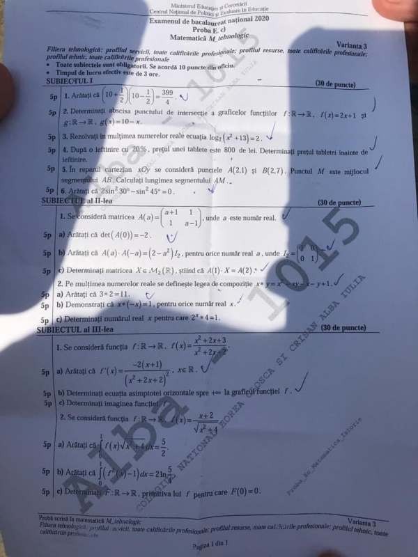 Subiectele primite de elevi la matematică, profilul Tehnologic - sesiunea de toamnă Bac 2020| sursa foto Alba24