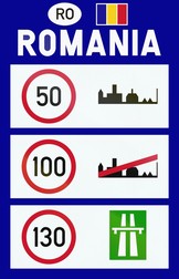 Information on speed limits in Romania at border crossing.