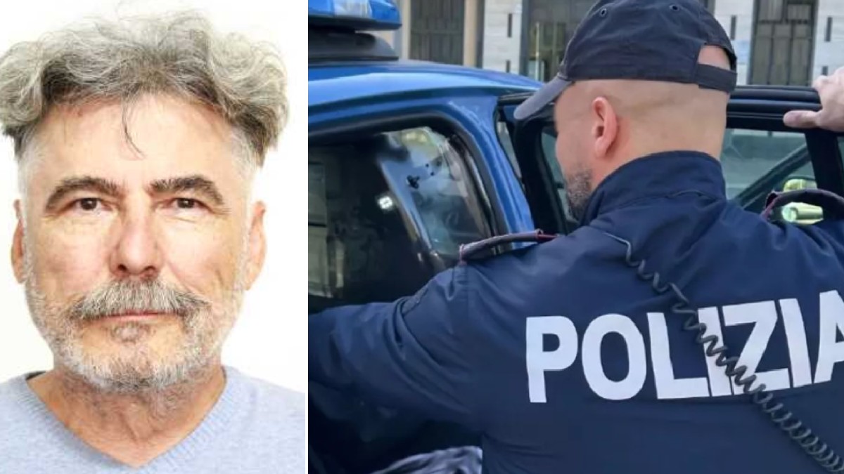 Imaginea surprinde un prim-plan cu Ionel Onofraș în stânga și un ofițer de poliție în timp ce escortează o persoană pe bancheta din spate a unei autospeciale inscripționate „POLIZIA” în dreapta.