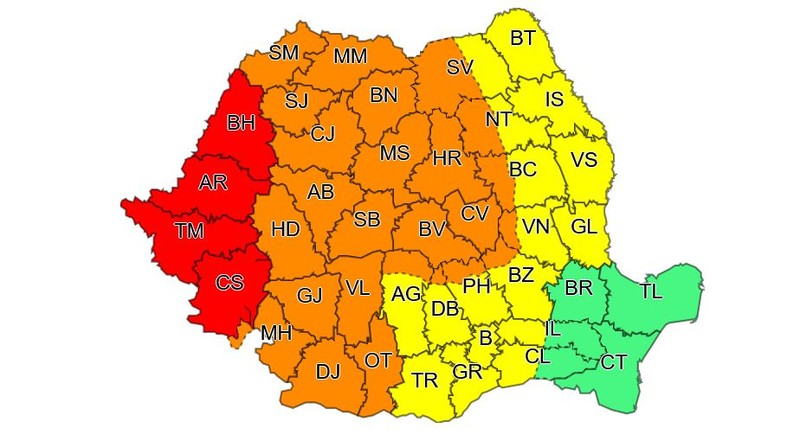 Alerta cod roșu este valabilă pe 30 iulie, în intervalul orar 15.00 - 20.00. Alerta cod portocaliu este valabilă de pe 30 iulie, ora 12.00, până pe 31 iulie, ora 10.00. Alerta cod galben este valabilă de pe 30 iulie, ora 12.00, până pe 31 iulie, ora 22.00.