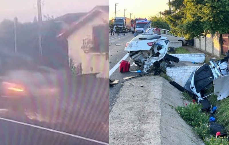 Mașină ruptă în două după un accident filmat la Plosca, în Teleorman