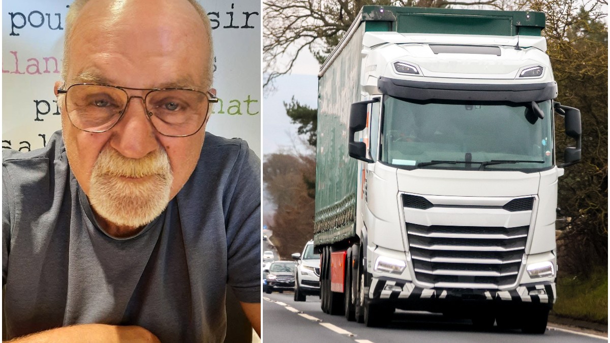 Imaginea este un colaj alcătuit din portretul unui bărbat în vârstă, purtând ochelari și cioc, și o fotografie cu un camion alb mare aflat în trafic pe un drum.