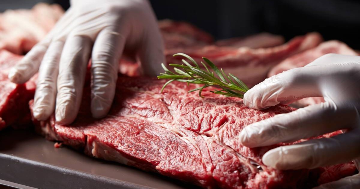cadru strans cu mainile unui macelar, cu manusi. manevrand o bucata de carne cruda, un fir de rozmarin pe ea