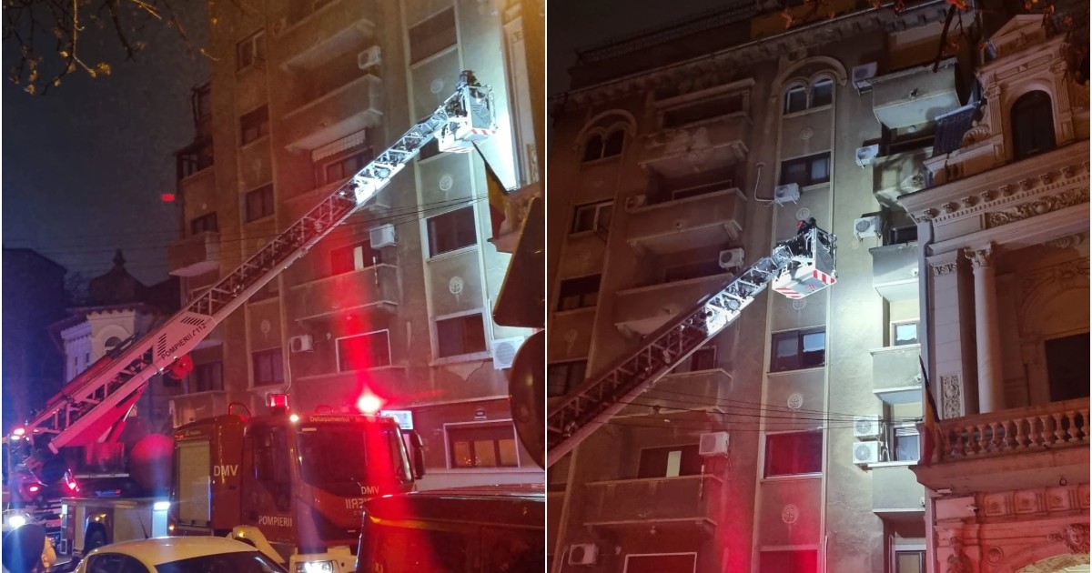 Pompierii intervin noaptea la un bloc de locuințe, folosind o autoscară pentru a ajunge la etajele superioare. Luminile de urgență și prezența echipajelor sugerează o intervenție rapidă în urma unui incendiu sau a unei explozii.