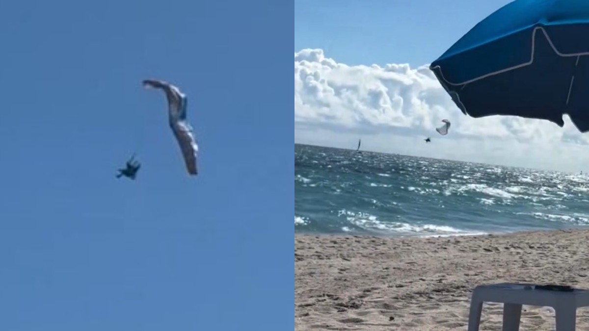 Un colaj cu două fotografii în care apare un om care se dă cu parapanta, în imaginea din stânga acesta este încă în aer, iar în imaginea din dreapta bărbatul cade în mare cu parapanta desfăcută