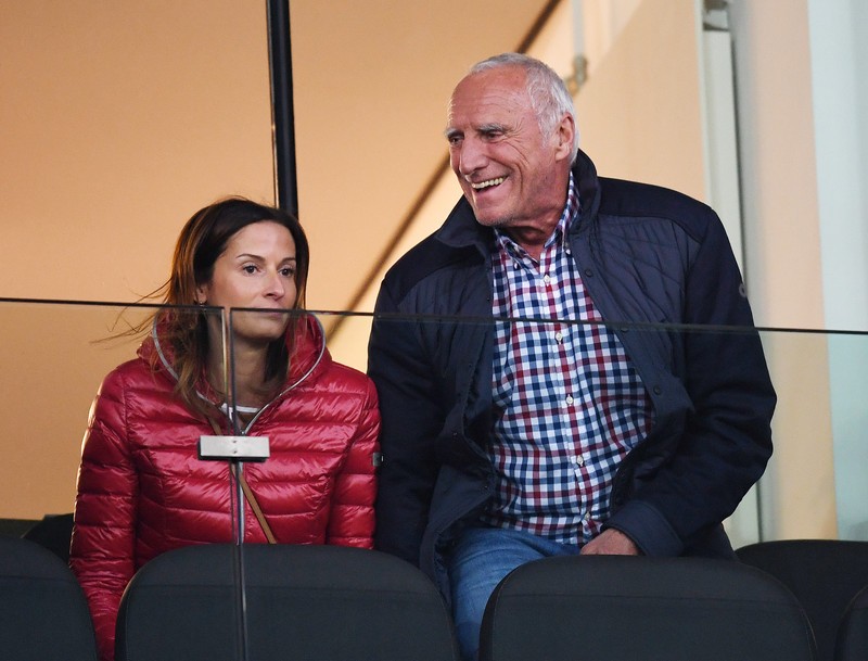 epa06665879 Red Bull CEO Dietrich Mateschitz (R) is seen with his partner Marion Feichtner (L) prior the UEFA Europa League quarter final second leg soccer match between RB Salzburg and SS Lazio in Salzburg, Austria, 12 April 2018. EPA-EFE/ANDREAS SCHAAD