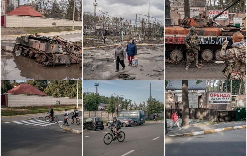 Cum arată Bucha la șase luni după eliberare. Imaginile unui fotoreporter danez, puse față în față: „Totul revine la viață”