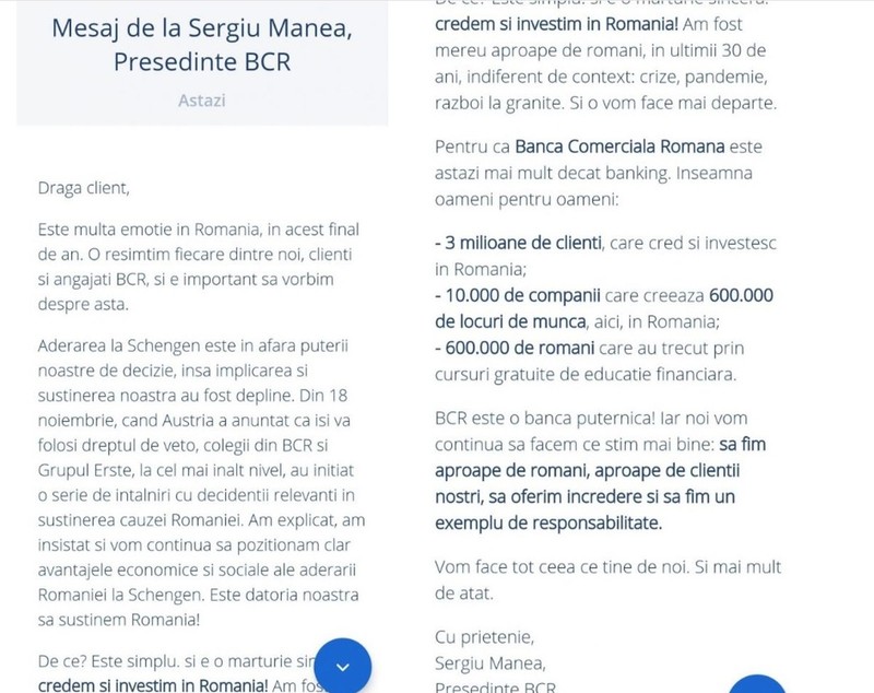 BCR, mesaj către clienți, în aplicația băncii. „Am inițiat întâlniri cu decidenții pentru a susține cauza României” privind aderarea la Schengen