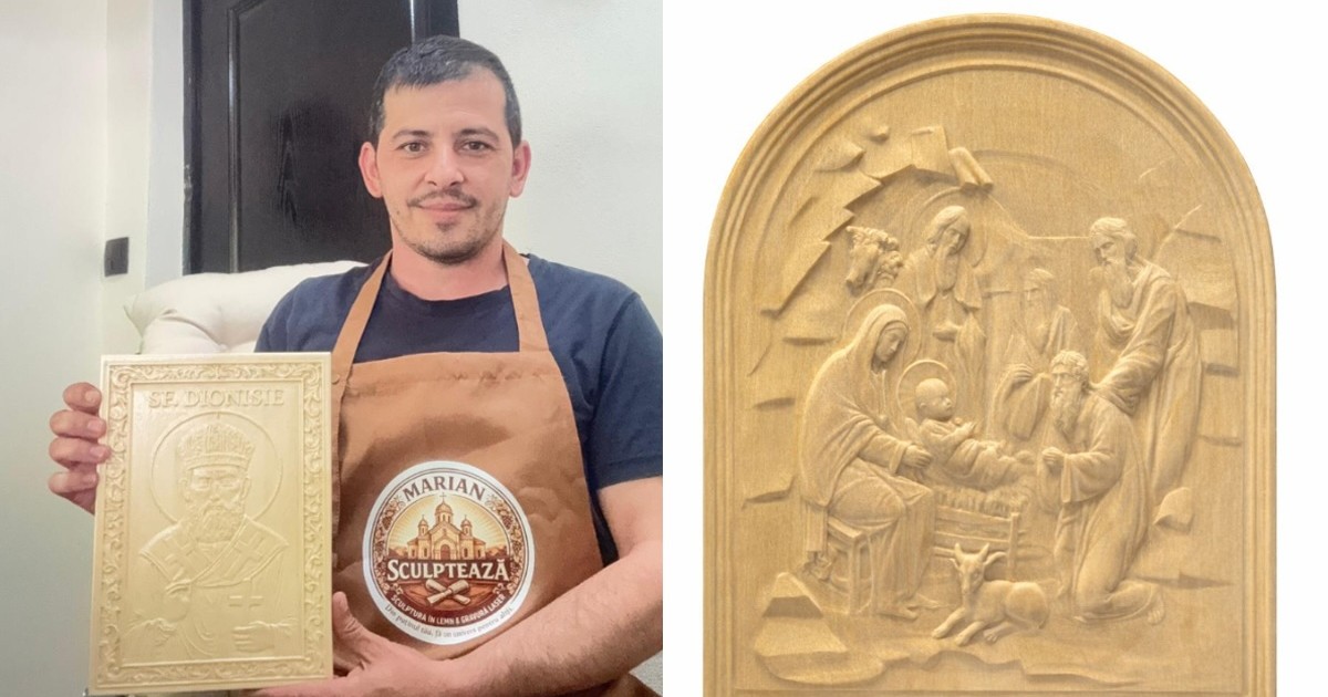 Colaj cu sculptorul Marian Petre care ține în mână Icoana Sf. Dionisie și Icoana Nașterii lui Iisus Hristos