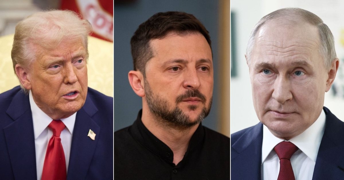 Colaj cu Donald Trump (stânga), Volodimir Zelenski (în centru) și Vladimir Putin Foto: Hepta