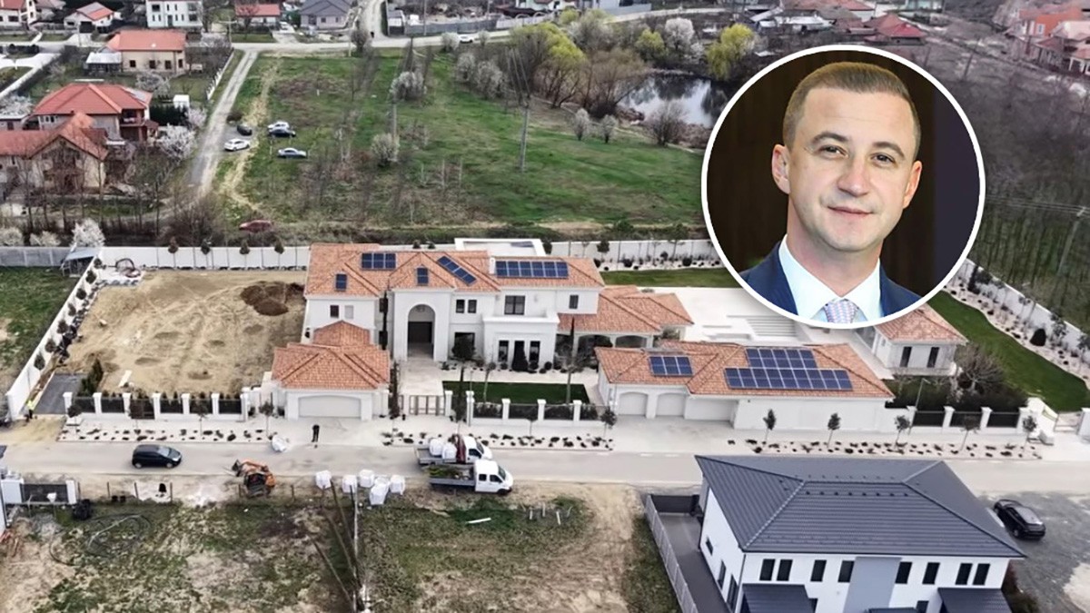 Colaj cu un conac vazut din dronă si capul unui politician