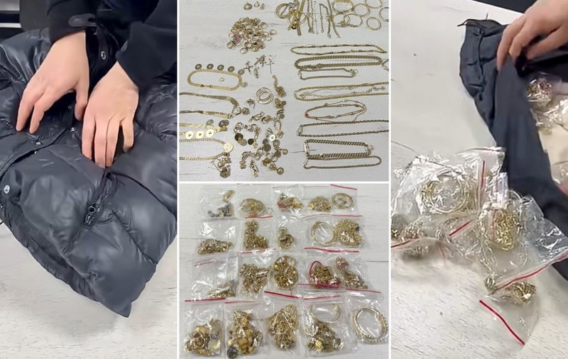 Colaj de cadre ce prezintă numeroase bijuterii din aur, expuse atât direct, cât și ambalate în punguțe din plastic, alături de o jachetă neagră în căptușeala căreia erau ascunse.
