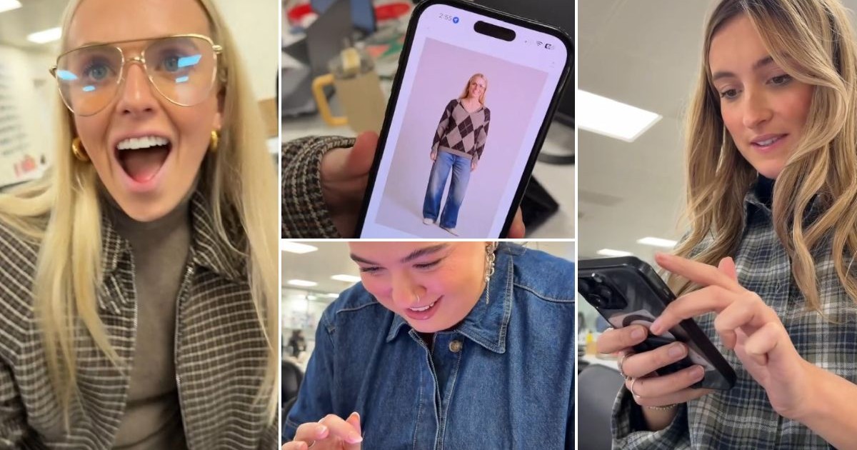 Colaj din patru fotografii care arată trei tinere cu expresii vesele ținând în mâini telefoane cu o aplicație de modă.