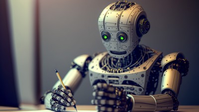 Chatgpt bot writing answers with pen on paper, Generative AI