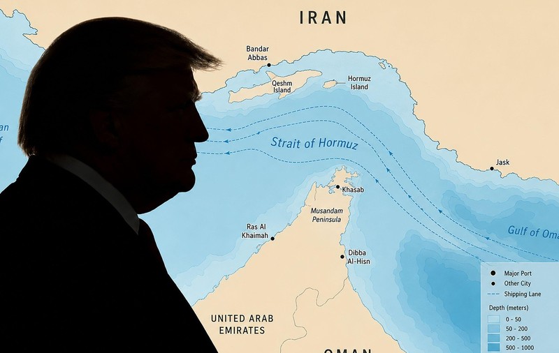 Silueta lui Donald Trump pusă lângă strâmtoarea Ormuz. Imagine cu caracter ilustrativ Sursa foto: Profimedia