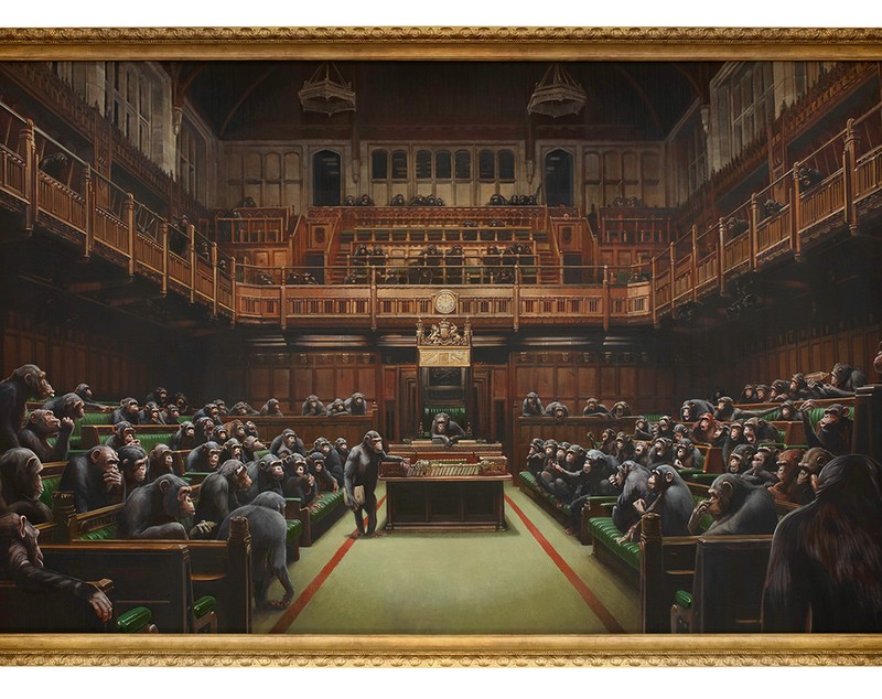 Pictura lui Bansky în care parlamentarii britanici sunt înfățișați drept maimuţe, vândută cu o sumă record