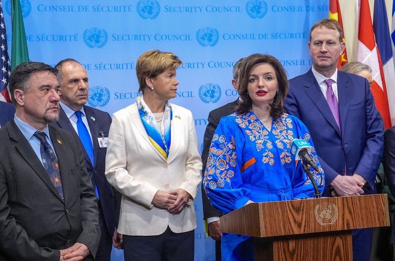 NEW YORK, USA - FEBRUARY 24: Betsa Mariana, Deputy Foreign Minister of Ukraine, speaks during a press conference before the U.N. Security Council meeting at the United Nations headquarters on February 24, 2025 in New York City. Selcuk Acar / Anadolu/ABACAPRESS.COM
