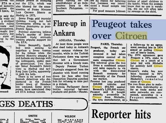 Peugeot a preluat oficial Citroen în 1976, eveniment marcat în ziarul The Glasgow Herald din 9 aprilie 1976