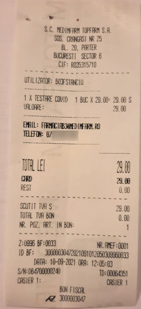 Chitanţă test MEDIMFARM Crângaşi