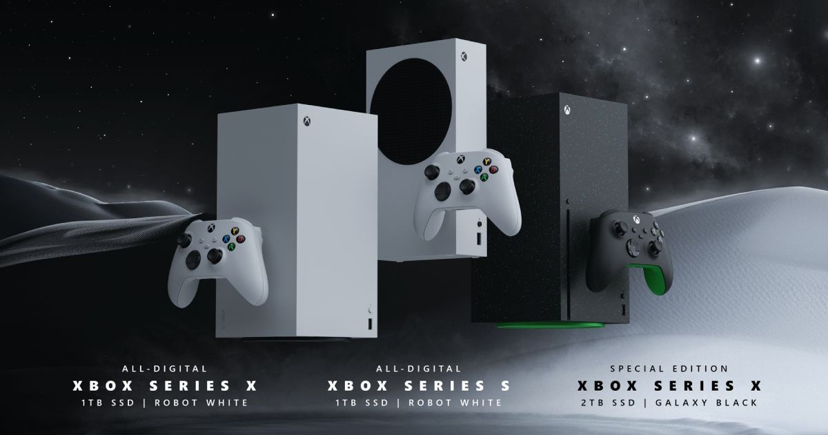 Poza de prezentare cu trei modele speciale de Xbox Series X și Series S, pe un fundal negru cu alb.