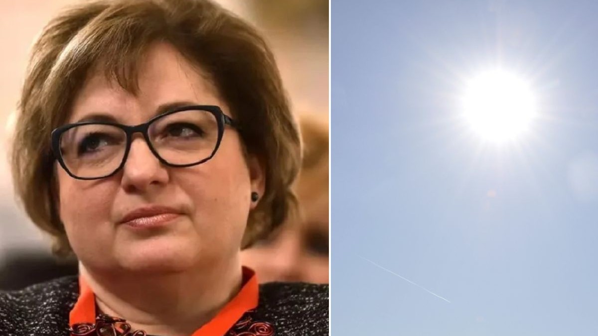 Colaj din două fotografii: în stânga, prim-plan cu Florinela Georgescu, cu părul scurt, de culoare castaniu deschis, care poartă ochelari și un pulover închis la culoare, cu o eșarfă roșie. În dreapta, se află un cer albastru limpede, cu un soare strălucitor.