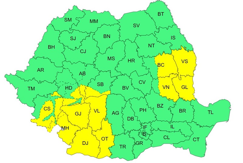Harta județelor afectate de codul galben de vânt valabil luni, 21 septembrie / ANM