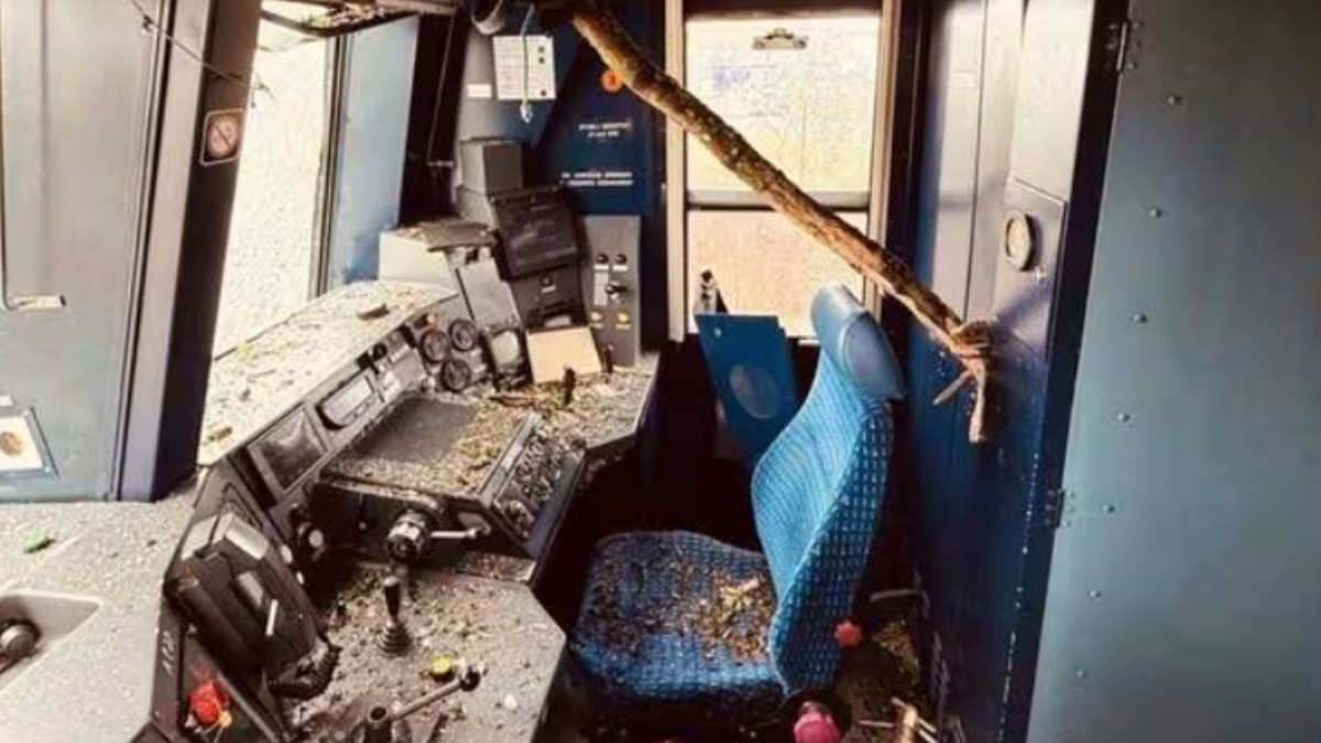 O creangă care a pătruns prin cabina unei locomotive.