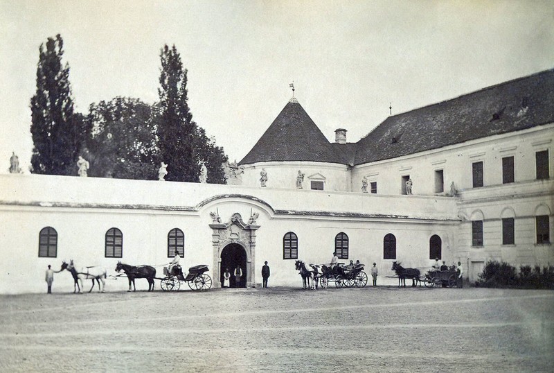 Incinta castelului, cu trăsurile pregătite pentru plimbare (circa 1890)
