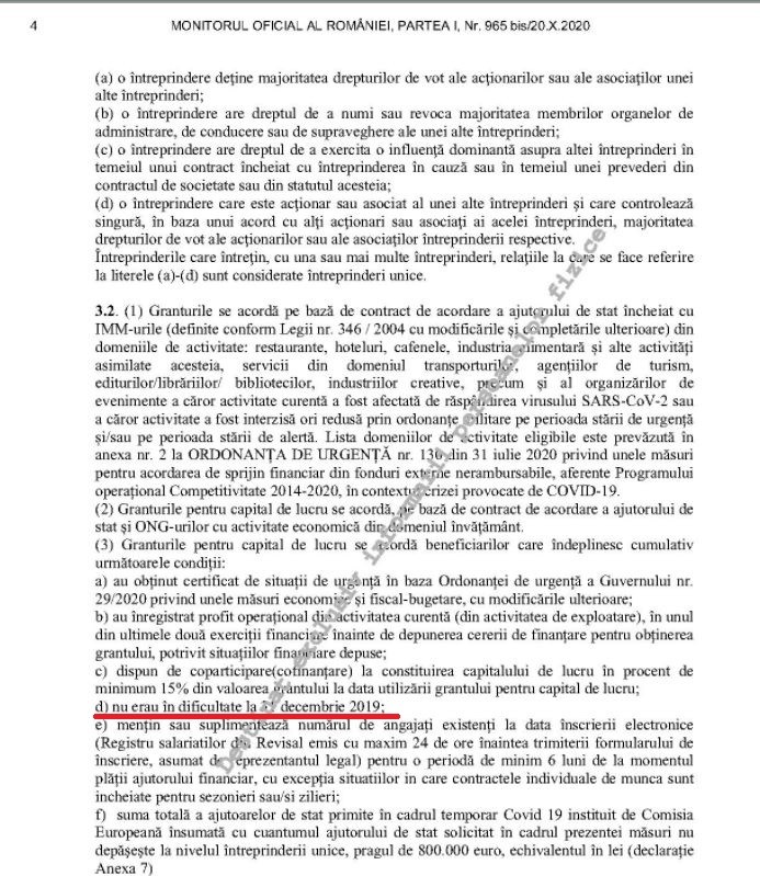 Extras din procedura de acordare a granturilor pentru capital de lucru, publicată în Monitorul Oficial în data de 20 octombrie, cu două zile înainte de startul programului