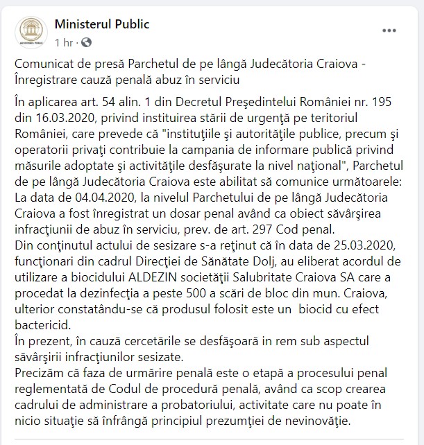 Pagina de Facebook a Ministerului Public