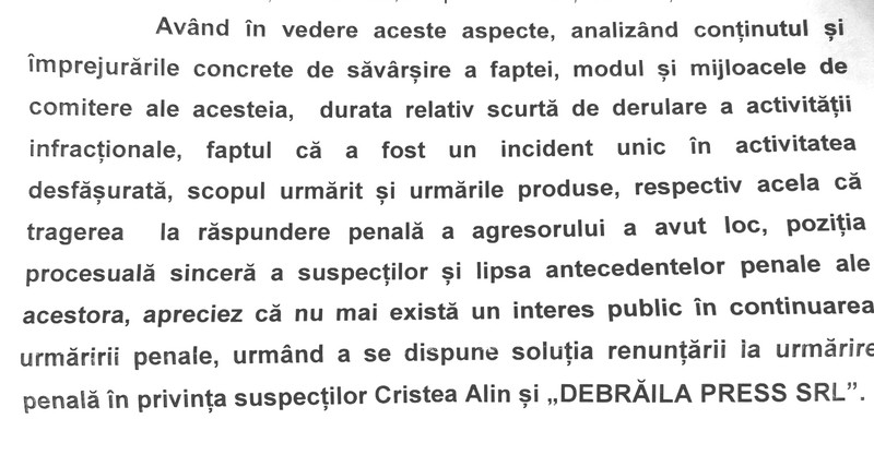 Fragment din ordonanța de renunțare la urmărirea penală