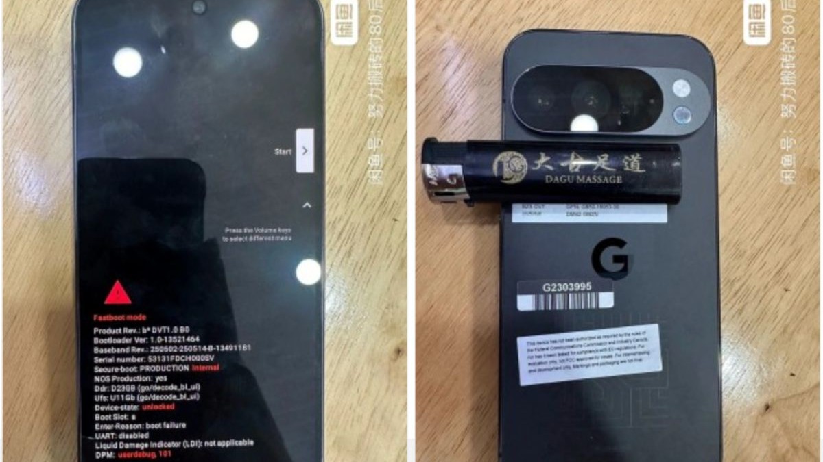Imagine „scăpată” pe internet cu noul Pixel 10 Pro, de culoare neagră, cu fața și cu spatele, pe un fundal de lemn.