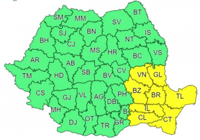 Codul galben de ninsori va afecta 8 județe: Vrancea, Galați, Tulcea, Constanța, Călărași, Ialomița, Buzău, Brăila